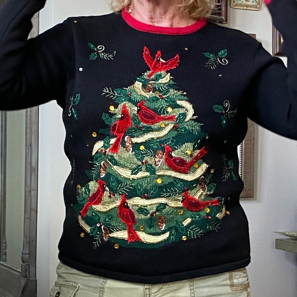 Beads Sequins Embroidery Cardinals Xmas Tree Ramie Cotton Sweater Tiara Int'l Lg - Picture 14 of 14